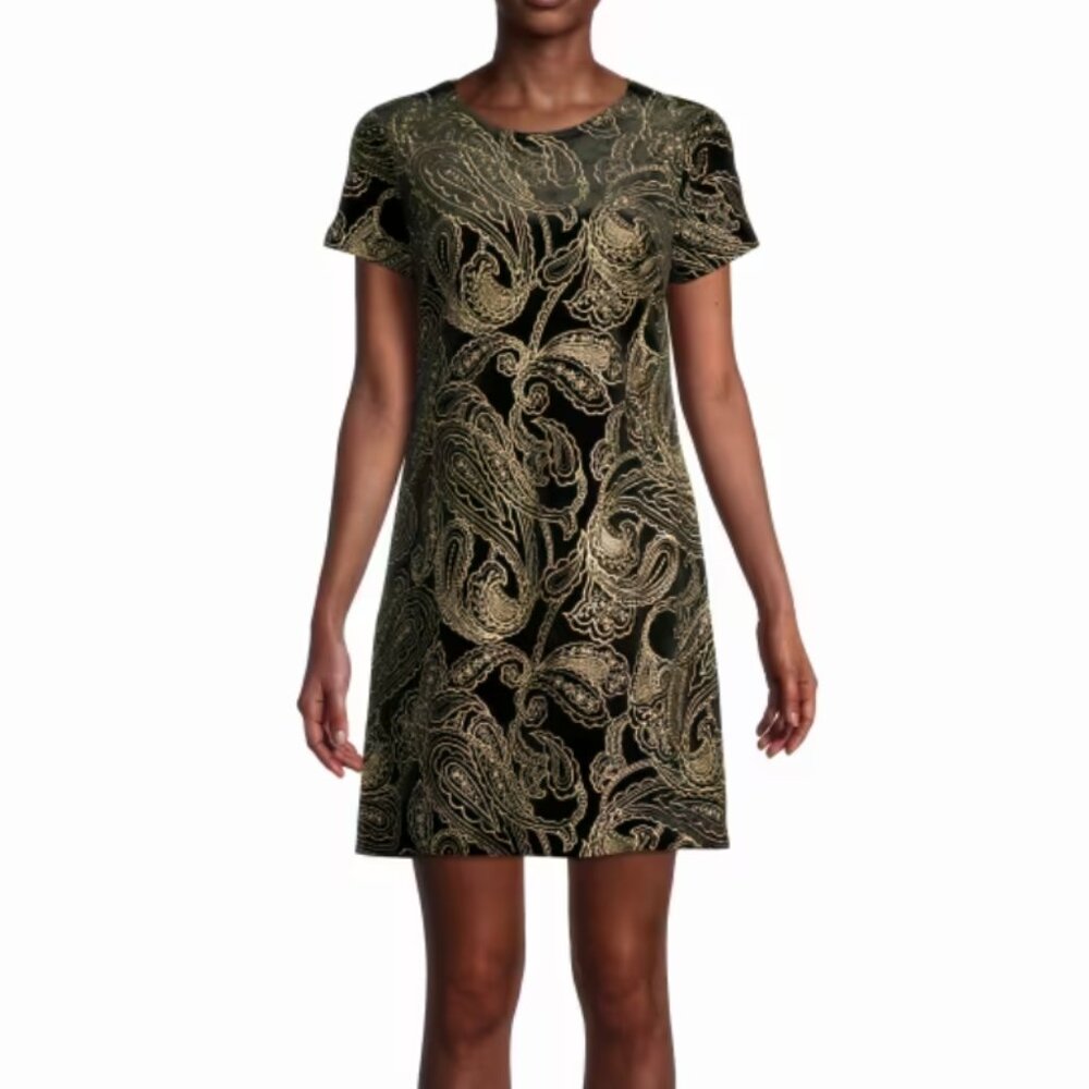 NEW Calvin Klein Women Metallic Embroidery Paisley Black Gold Mini Dress